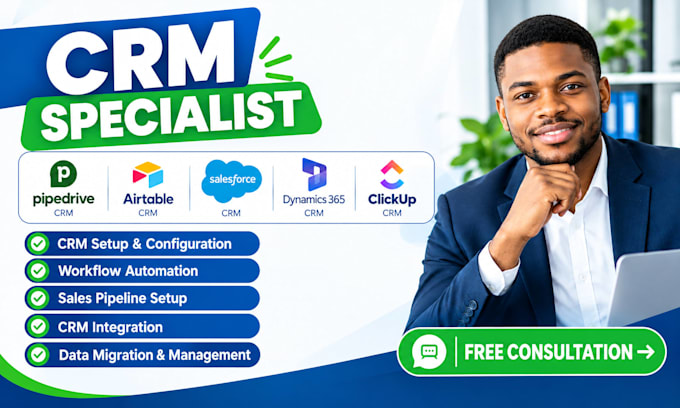 setup pipedrive crm, airtable crm, salesforce crm, dynamic 365, clickup crm