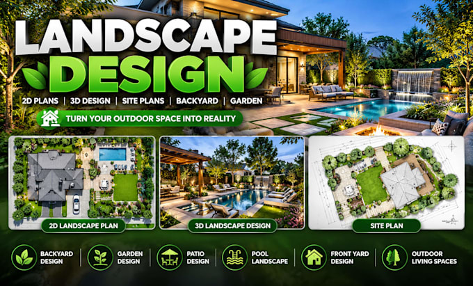 design 2d landscape plans, 3d backyard garden and site plans