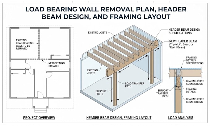 load bearing wall removal plan, header beam design, and framing layout