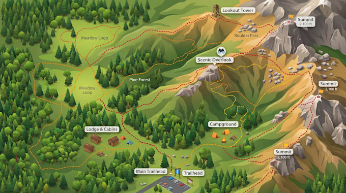 design illustrated hiking map, walking trail map, forest map and outdoor map