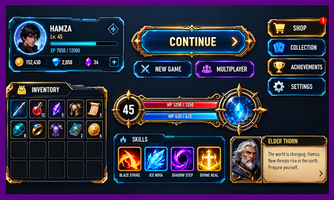 design professional game UI UX, hud, menus and interfaces