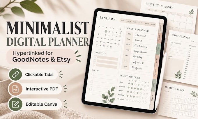 design minimalist hyperlinked digital planner for goodnotes and etsy