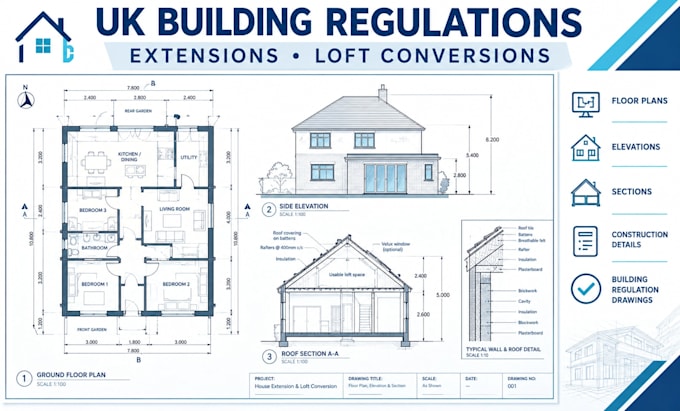 uk building regulations drawings for house extension and loft conversion
