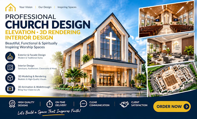 design church architecture elevation interior and 3d rendering