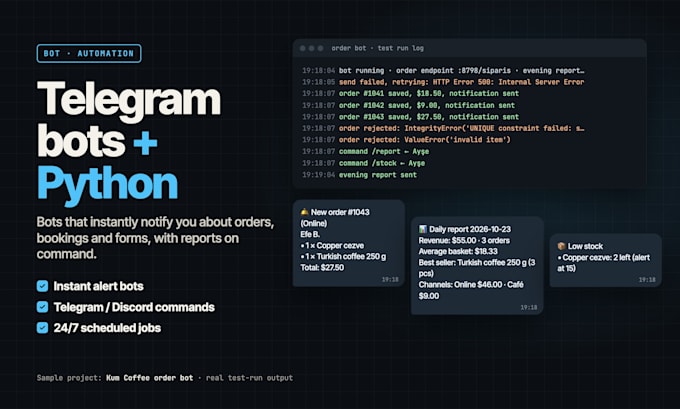 build a custom telegram or discord bot and python automation