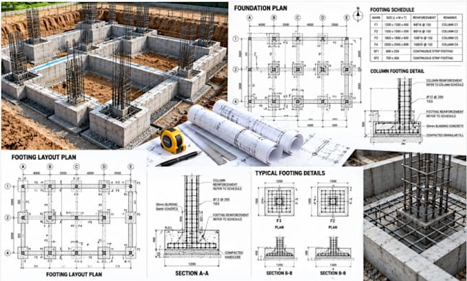 create foundation plans footing layouts, sld and reinforcement details