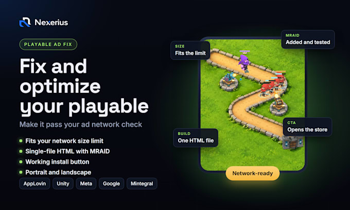 fix and optimize your HTML5 playable ad for applovin, unity or meta