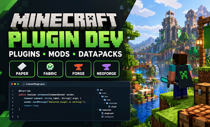 develop minecraft plugins, datapacks and fabric, forge , neoforge mods