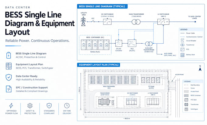 create data center bess single line diagram and equipment layout