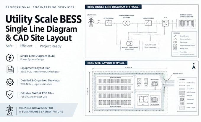 design utility scale bess single line diagram and cad site layout