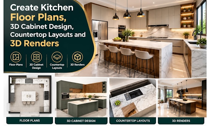 create kitchen floor plans, 3d cabinet design, countertop layouts and 3d renders