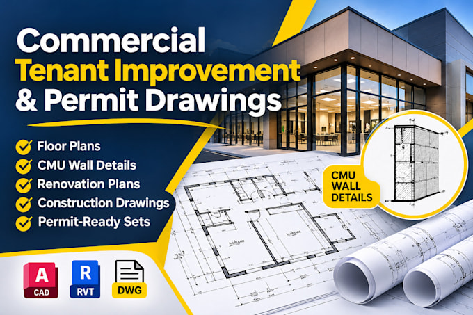 draft commercial tenant improvement, cmu wall and permit drawings