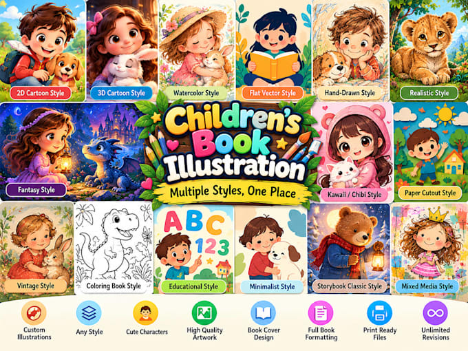 create a colorful ai children storybook illustration and a KDP ready kids book