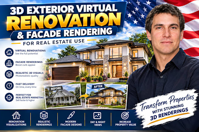 do 3d exterior virtual renovation and facade rendering for real estate