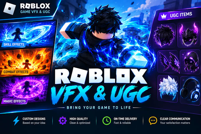 create roblox game vfx, sfx, UI, combat effects, and ugc items and accessories