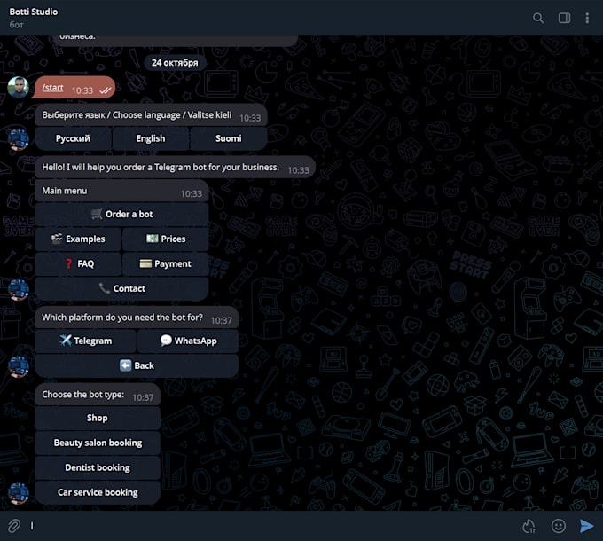 build a telegram bot for bookings, orders and online shops
