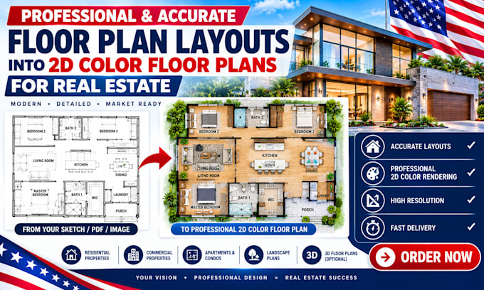 create a professional color floor plan and real estate 2d floor plan layout