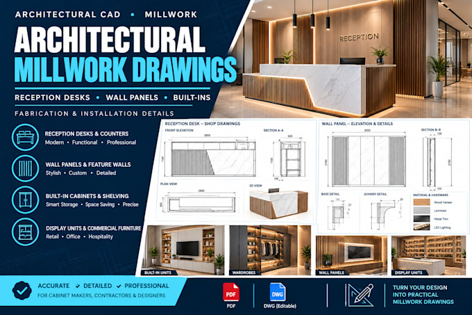 draft architectural millwork shop drawings for fabrication and installation