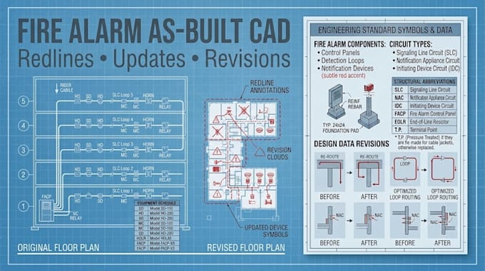 fire alarm as built drawings redline updates existing cad plan, drawing revision