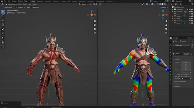 fix blender rigging, weight paint, bone roll and character mesh skinning issues