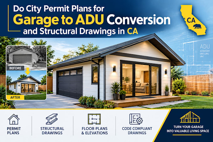 do city permit plans for garage to adu conversion and structural drawings in ca