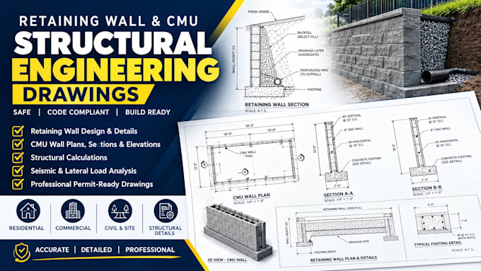 design retaining wall and cmu block structural drawings