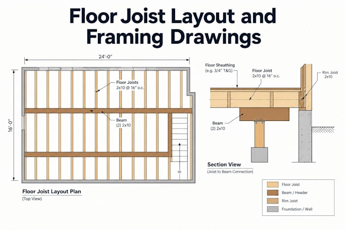 floor joist layout, framing plan, beam, bearing, openings
