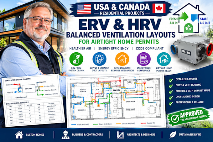 erv hrv ventilation design, balanced airflow layouts duct plans