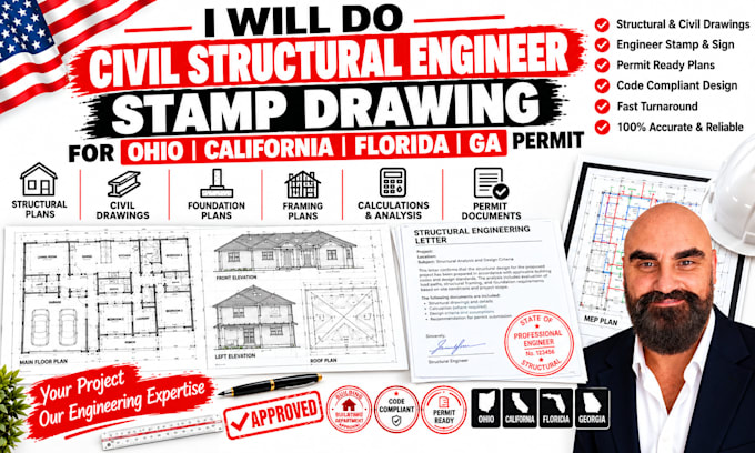 civil structural engineer stamp drawing for ohio california illinois ga permit