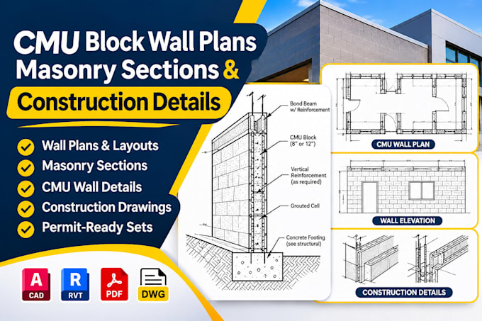 draft cmu block wall plans, masonry sections and construction details
