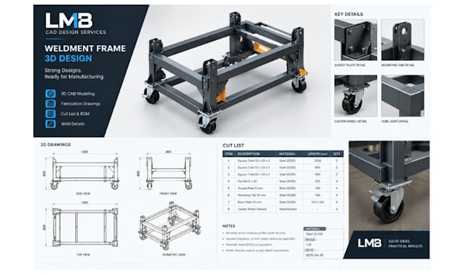 design weldment frames with cut lists and fabrication drawings
