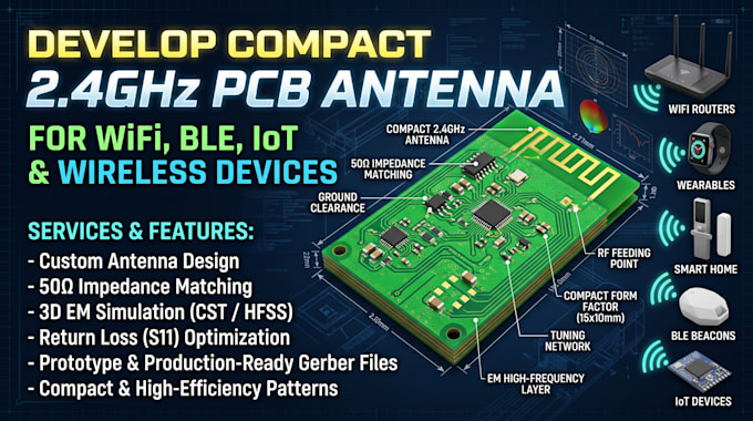 develop compact 2 4ghz pcb antenna for wifi, ble, iot and wireless devices