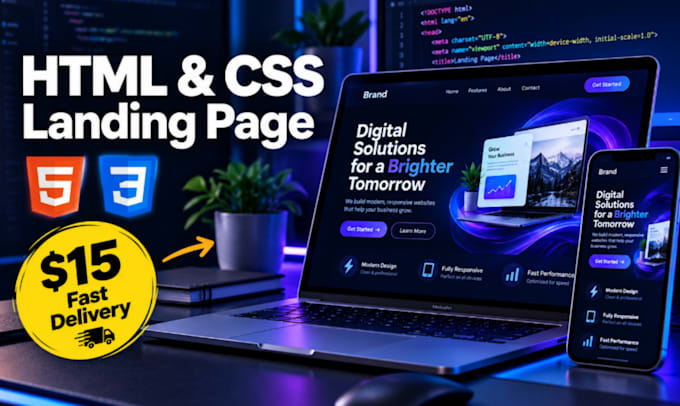 code a responsive HTML CSS landing page or fix layout bugs