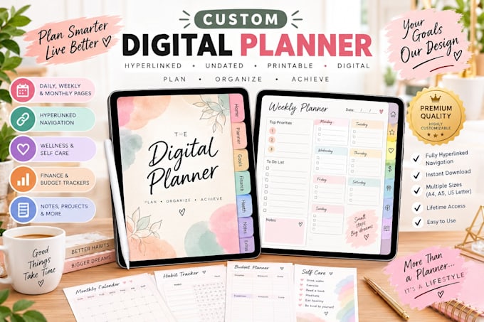 etsy digital planners, hyperlinked planners, journals