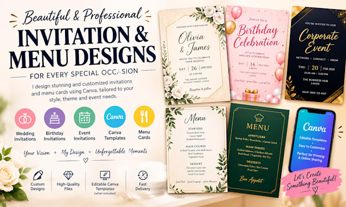 Design wedding invitation birthday event canva invitation design menu ...