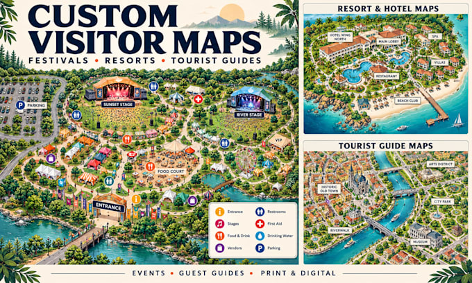 festival, event maps, resort, hotel guest maps tourist, visitor guide maps