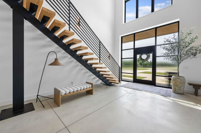 create a modern staircase 3d model and realistic  interior rendering