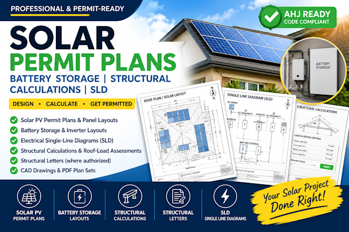 design solar permit plans battery storage with sld structural calculation