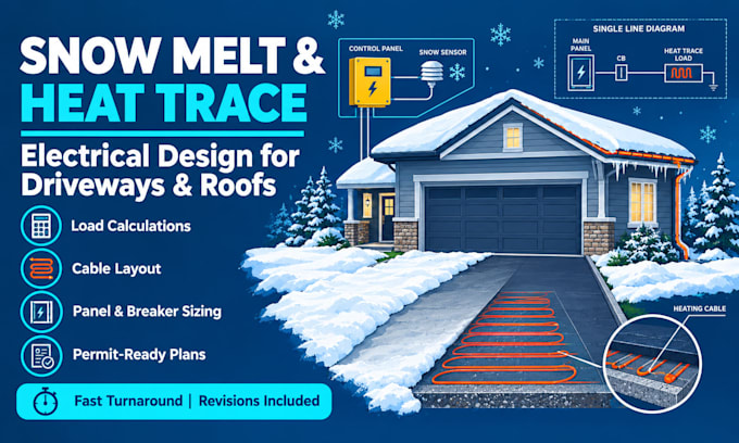 design snow melt, heat trace electrical plans for driveways, roofs