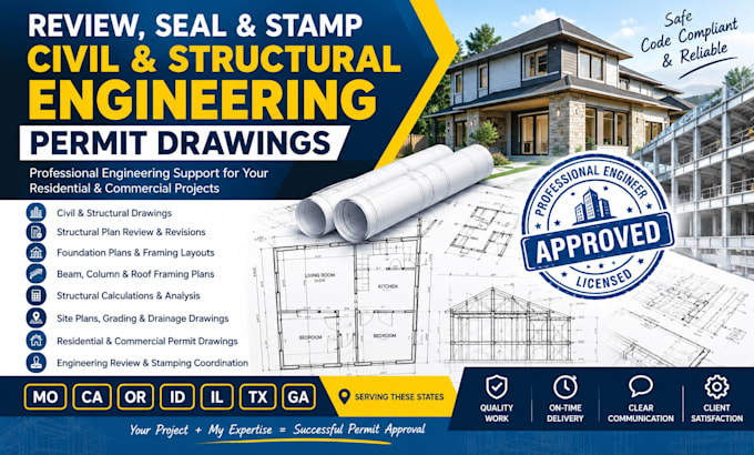 review stamp mo ca or id il  tx ga civil structural engineering permit drawing
