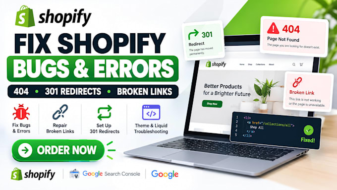 fix shopify bugs, errors, 404 and 301 broken links