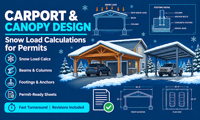 design carport, canopy structural plans, snow load calculations