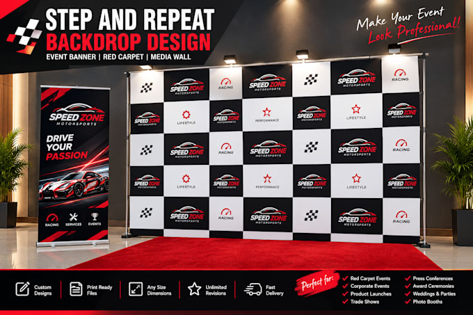 design a clean step and repeat backdrop, or event banner