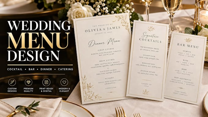 design wedding menu, cocktail, bar menu dinner restaurant or catering menu card