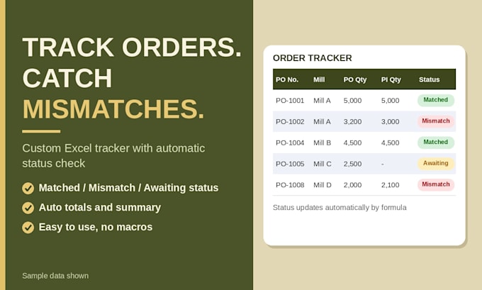 build an excel order and invoice tracker with automatic mismatch check