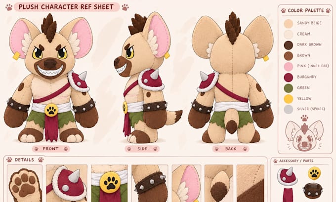 design custom plush reference sheet, stuffed animal kawaii plushie tech pack