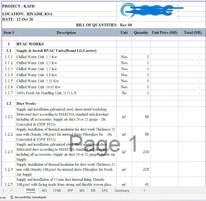 provide mep quantity takeoff