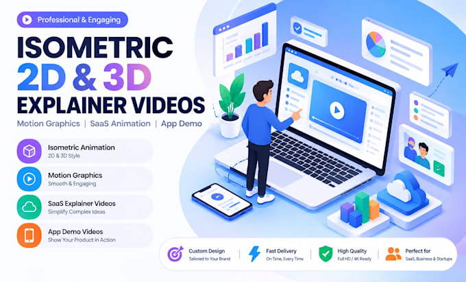 create isometric 2d 3d explainer video, motion graphics saas animation video