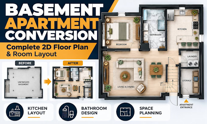 design basement apartment conversion floor plan with kitchen and bathroom layout