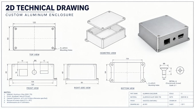 create precise 2d technical drawing and mechanical cad drawing